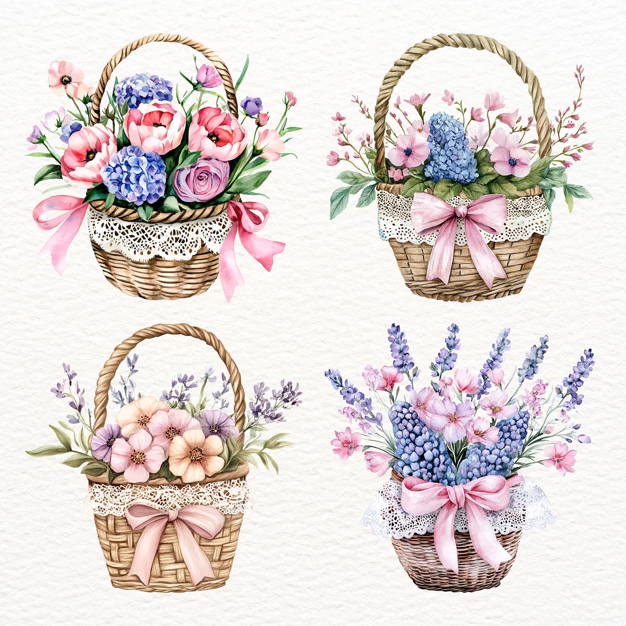 Watercolor Floral Basket Clipart: Spring Flowers With Lace (PNG Digital ...