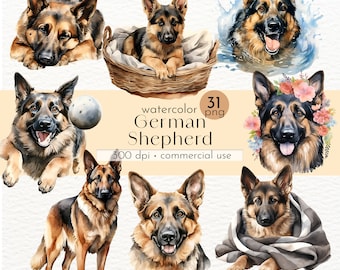 Watercolor German Shepherd Clipart: 31 PNG Dog Images (Commercial Use)