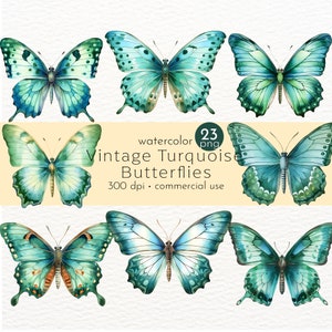 Clipart di farfalle turchesi vintage, insetti dell'acquerello, farfalle dipinte, farfalla organica - Download istantaneo - Uso commerciale