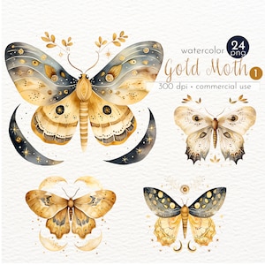 Gold Motte und Mond Clipart, Aquarell Insekten, gemalte Motten, rustikale Bio Motte - Instant Download - Kommerzielle Nutzung