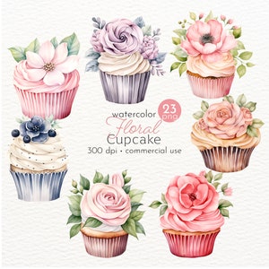 Clipart de cupcake floral de boda, cupcake de tarjeta de boda, clipart de postre, cupcakes de acuarela - Descarga instantánea - Uso comercial