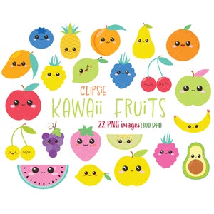 Imágenes Prediseñadas de frutas Kawaii, conjunto de imágenes prediseñadas de sandía, cítricos, naranja, manzana, plátano, fruta, imágenes prediseñadas de comida feliz - Descarga instantánea
