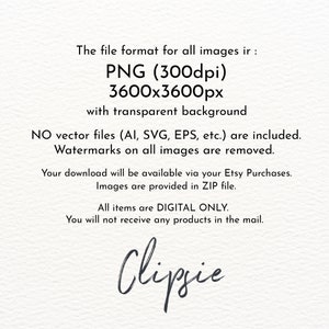 May include: Text on a white background that reads: "The file format for all images is: PNG (300dpi) 3600x3600px with transparent background. NO vector files (AI, SVG, EPS, etc.) are included. Watermarks on all images are removed. Your download will be available via your Etsy Purchases. Images are provided in ZIP file. All items are DIGITAL ONLY. You will not receive any products in the mail. Clipsie"