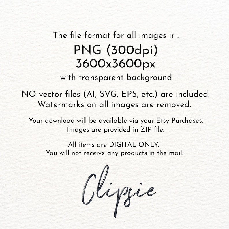 May include: Text on a white background that reads: "The file format for all images is: PNG (300dpi) 3600x3600px with transparent background. NO vector files (AI, SVG, EPS, etc.) are included. Watermarks on all images are removed. Your download will be available via your Etsy Purchases. Images are provided in ZIP file. All items are DIGITAL ONLY. You will not receive any products in the mail. Clipsie"