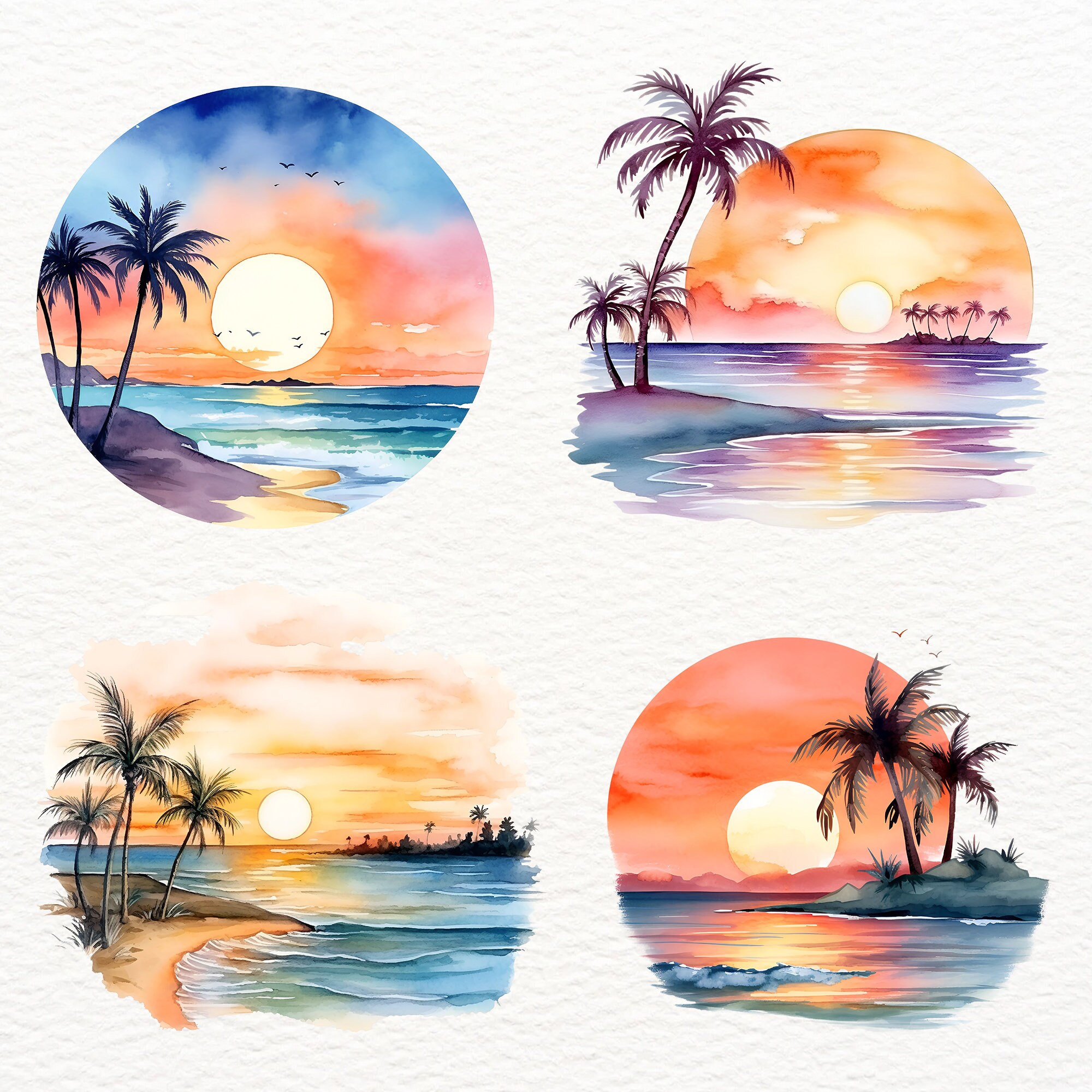Watercolor Sunset Beach Clipart: Tropical Landscape Art (digital ...