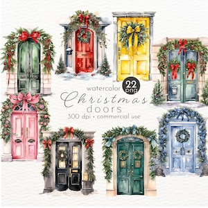 Puede incluir: Conjunto de 22 ilustraciones de puertas de Navidad en acuarela. Cada puerta está decorada con una corona, una guirnalda y un lazo. Las puertas son de varios colores, incluyendo rojo, verde, azul y rosa. Las puertas son de 300 dpi y se pueden utilizar con fines comerciales.