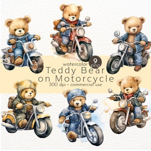 Teddybeer rijden op een motorfiets fiets clipart, aquarel beren, motorfiets chauffeur teddybeer - Instant Download - commercieel gebruik