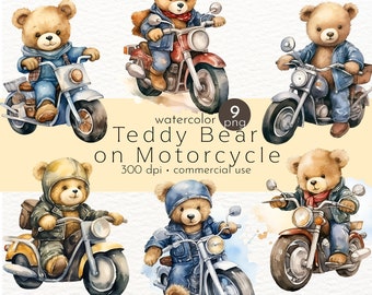 Watercolor Teddy Bear Motorcycle Clipart: 9 PNG Images (Commercial Use)