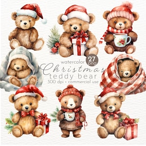 Imágenes prediseñadas de osito de peluche navideño, ilustraciones navideñas, osito de peluche de invierno, invitaciones navideñas: descarga instantánea, uso comercial