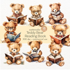 Vintage ours en peluche mignon lecture livre des cliparts, ours en peluche mignon, des cliparts pour les enfants de l'école, des cliparts de l'obtention du diplôme - téléchargement immédiat - usage Commercial