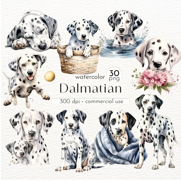 Watercolor Dalmatian Clipart: 30 Dog Art Images (Commercial Use)