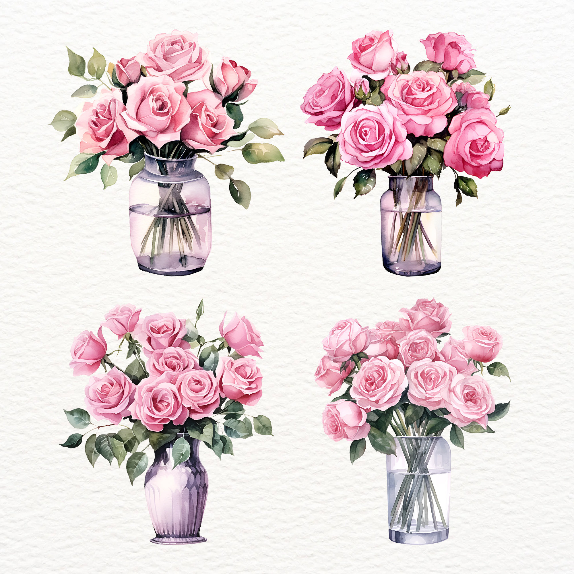 Pink Roses in Vase Clipart, Images of Watercolor Summer Flowers Instant ...