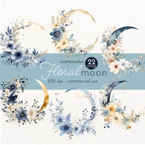 Clipart floral lune, clipart Invitation florale, Invitation de baby shower, beau clipart céleste - téléchargement immédiat - usage Commercial