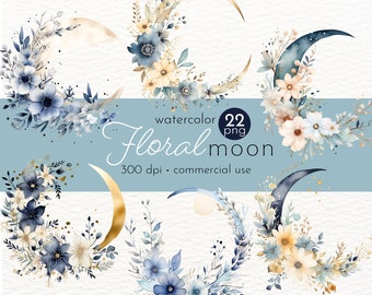 Floral Mond Clipart: Himmlische Einladung Grafik (PNG, Kommerzielle Nutzung)