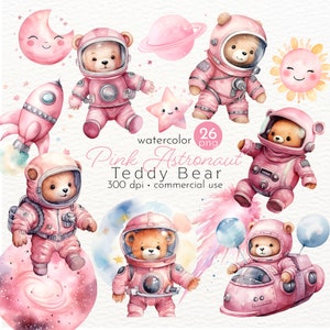 Rosa carino orsacchiotto astronauta Clipart, acquerello astronauta, Baby Shower Clipart, regali di compleanno - Download istantaneo - Uso commerciale