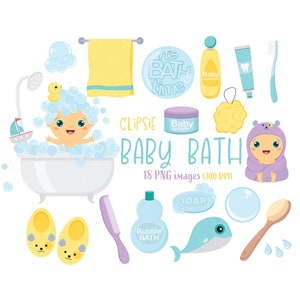 Imágenes prediseñadas de baño para bebés, imágenes prediseñadas de jabón, juguete de ballena, cepillo de dientes, champú para bebés, hora del baño, pasta de dientes, toalla, zapatillas, burbujas - Descarga instantánea