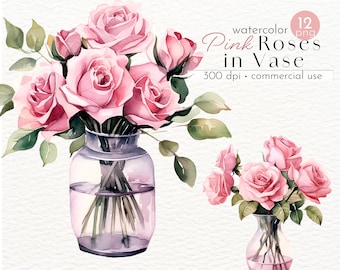 Rosa Rosen in Vase Clipart, Bilder von Aquarell Sommerblumen - Instant Download - Kommerzielle Nutzung