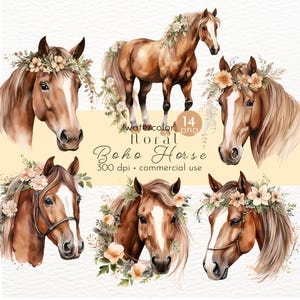 Braunes Pferd Boho Blumen Clipart, Bauernhof Tier Clipart, Aquarell Pferd - Instant Download - Kommerzielle Nutzung
