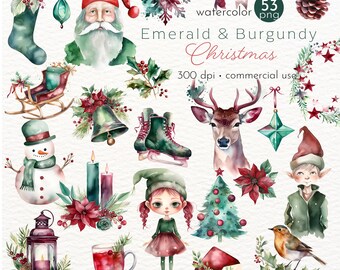 Emerald and Burgundy Christmas Clipart, Sage Green Christmas, Holiday Invitations - Instant Download - Commercial Use