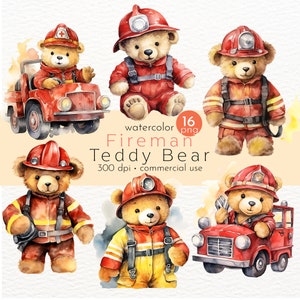 Clipart ours en peluche pompier, pompier ours en peluche, cadeaux pour garçons, aquarelle pompier - téléchargement immédiat - usage Commercial