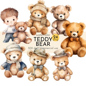 Clipart aquarelle ours en peluche, garçon avec ours en peluche, clipart baby shower, ours en peluche Clip Art - téléchargement immédiat - usage Commercial