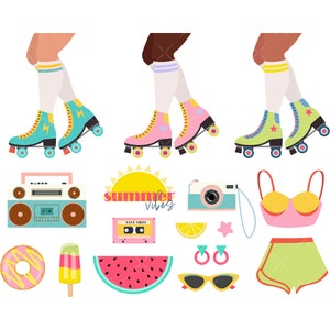 Skater Girl Summer Retro, Boombox Clipart, Cassette Clipart, Camera Clip Art, Roller Skates | 300dpi PNG files - Instant Download