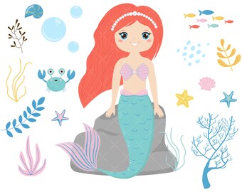 Cute Mermaid Clipart, Ocean Clipart, Crab Clip Art, Sea Life Clipart, Sea Plant Clip Art - Instant Download
