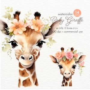 Babygiraf met bloemen clipart, aquarel giraf, babyshower clipart, baby giraf afbeeldingen - Instant Download - commercieel gebruik