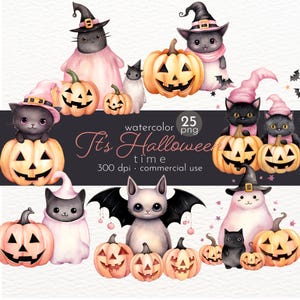 Joli fantôme rose Halloween Clipart, citrouille or et rose et chat noir avec petite chauve-souris décoration d'Halloween - téléchargement immédiat - usage commercial
