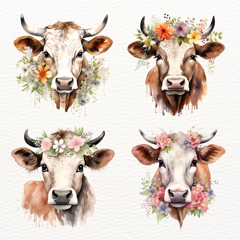 Floral Cow Watercolor Clipart: Farm Animal PNG (commercial Use) - Etsy