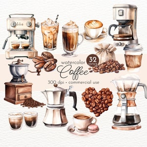 Clipart de café, taza de café, café helado, taza de café, cafetera, café de acuarela - Descarga instantánea - Uso comercial