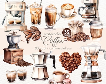 Kaffee Clipart, Kaffeetasse, Eiskaffee, Tasse Kaffee, Kaffeemaschine, Aquarell Kaffee - Instant Download - Kommerzielle Nutzung