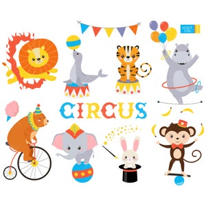 Clip Art de animales de circo, imágenes prediseñadas de León, oso en bicicleta, elefante en pelota, plátanos mono, conejo en el sombrero, tigres - Descarga instantánea