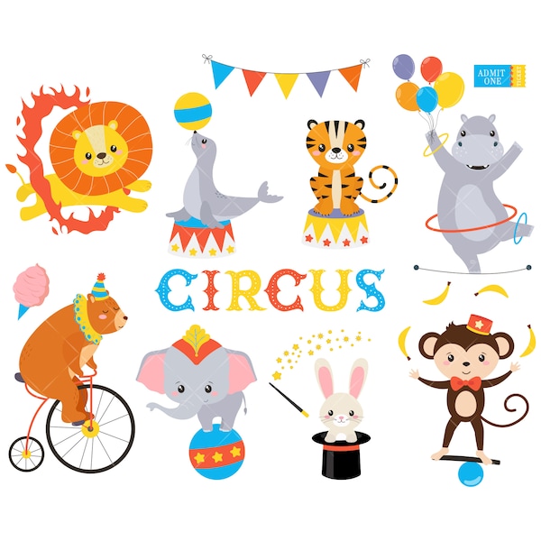 Circus Animals Clip Art, Lion Clipart, Bear on Bike, Elephant on Ball, Monkey Bananas, Rabbit in the Hat, Tigers - Instant Download