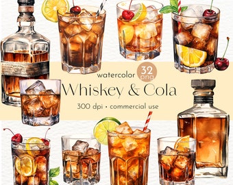 Watercolor Whiskey and Cola Clipart: 32 PNG Cocktail Graphics (Commercial Use)