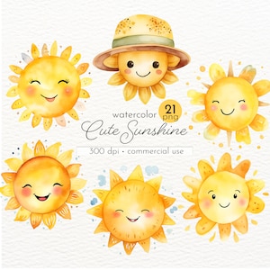 Sol fofo, clipart de luz do sol feliz, sol sorridente em aquarela - download instantâneo - uso comercial