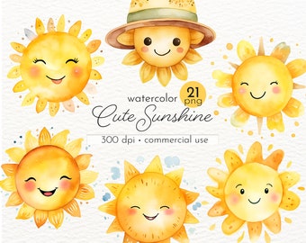 May include: A set of 21 watercolor illustrations of cute cartoon suns with smiling faces. The suns are in various poses and have different expressions. The illustrations are perfect for adding a touch of sunshine to any project.