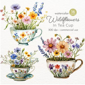 Wilde bloemen in theekop Clipart, Little Girls Tea Party Clipart, afbeeldingen van prachtige lentebloemen - Instant Download - commercieel gebruik