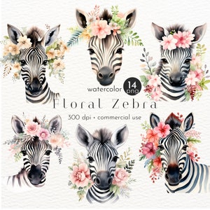 Floral Zebra Clipart, Baby Zebra, Baby Girl Safari Animal Clipart, Watercolor Zebra - Instant Download - Commercial Use