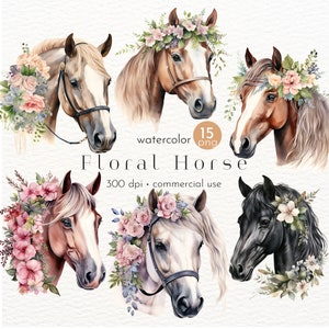 Floral Pferd Clipart, Bauernhof Tier Clipart, Aquarell Pferd - Instant Download - Kommerzielle Nutzung