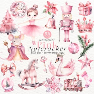 Clipart de quebra-nozes rosa aquarela para convites vintage de Natal, quebra-nozes retrô, balé de feriado - Download instantâneo - Uso comercial