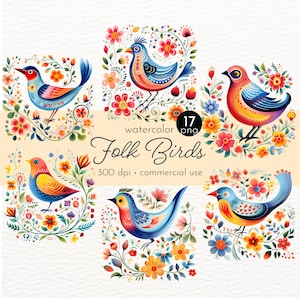 Clipart di uccelli da giardino di arte popolare, uccello di arte popolare scandinava, arte animale scandinava - Download immediato - Uso commerciale