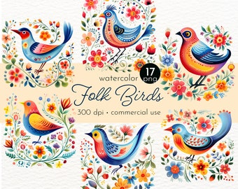Folk Art Bird Clipart: Scandinavian Garden PNG Images (Commercial Use)