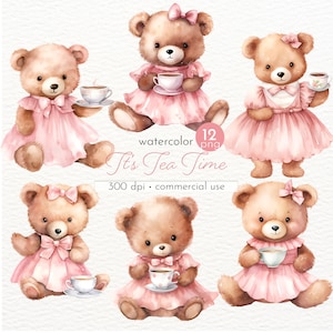 Ours en peluche avec une robe rose des cliparts de l'heure du thé, des cliparts célébration, des cliparts baby shower, cadeaux d'anniversaire - téléchargement immédiat - usage Commercial