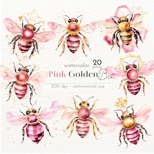 Pink Golden Bee Clipart, aquarel insecten, Steampunk Bee, Honey Bee, Honeybee Clipart - Instant Download - commercieel gebruik