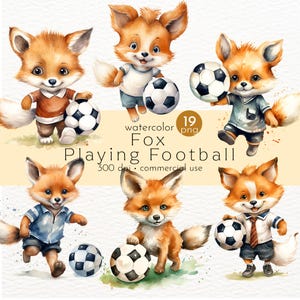 サッカーをするキツネ | サッカー クリップアート、スポーツ クリップアート、キツネ クリップアート、水彩サッカー - 即時ダウンロード - 商用利用