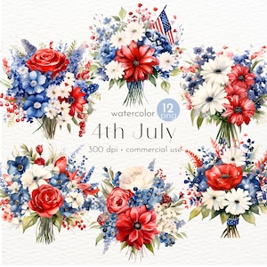 Independence Day Flower Bouquet Clipart: Patriotic PNG Images (Digital Download)