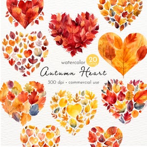 Herbst Blätter Herz Clipart, Herbst Aquarell Clipart, Laubblatt Clip Art, Herbst Blumenszenen - Instant Download - Kommerzielle Nutzung