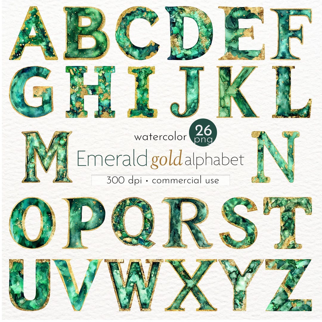 Emerald Gold Alphabet Clipart, Alphabet Letter Clipart, Watercolor ...