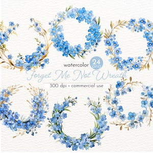 Clipart Couronne de ne pas m'oublier, Images de fleurs d'été aquarelles - téléchargement immédiat - usage Commercial